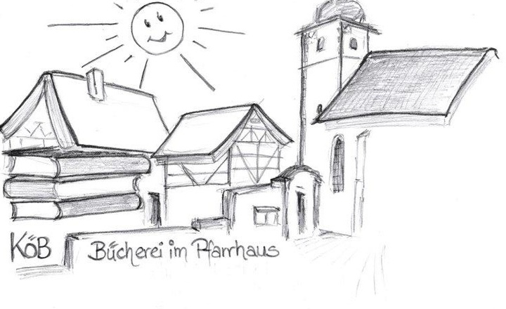 Zeichnung der Kirche mit Pfarrhaus