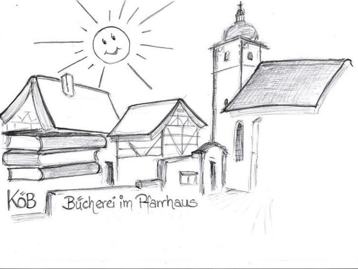 Zeichnung der Kirche mit Pfarrhaus